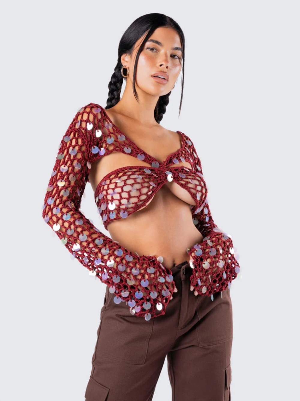 Maroon Sequin Crochet Crop Top